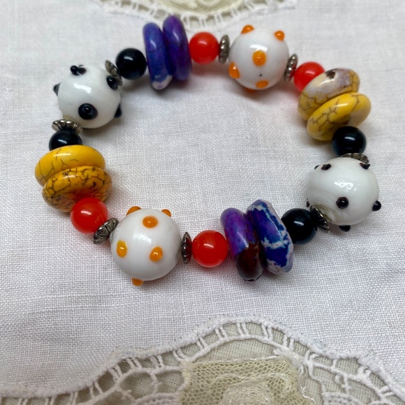 Multi Colored Festive Glass Beaded Stretch Bracelet With Silver Bead Spacers - Picture 9 of 9